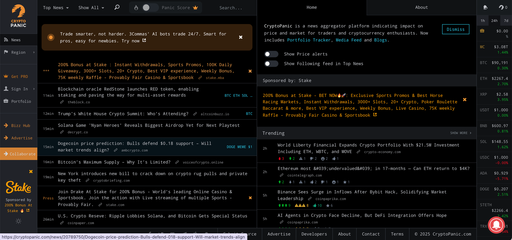CryptoPanic, an AI-driven crypto news aggregator, displays breaking news and sentiment analysis for cryptocurrency traders.