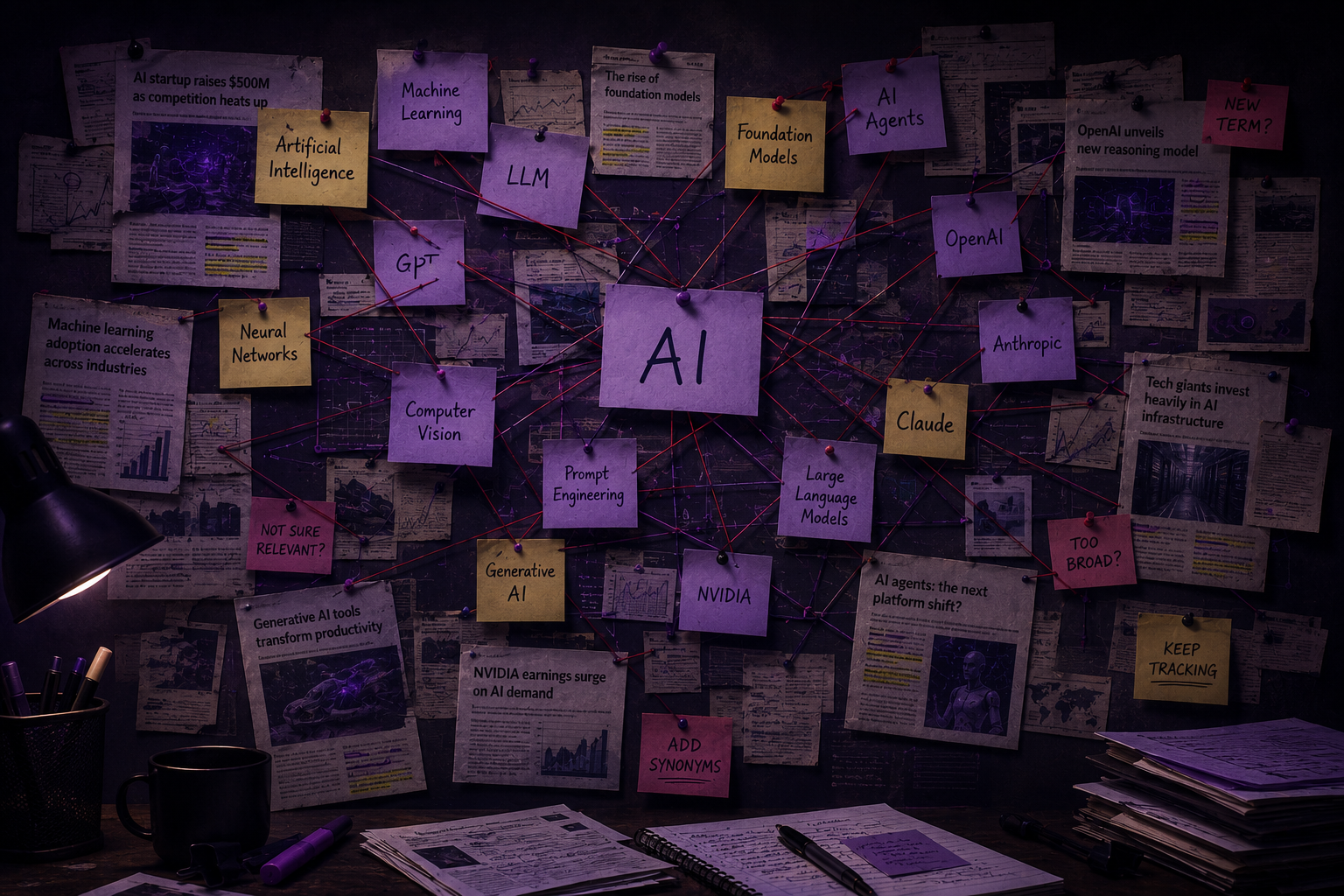 AI keyword search workflow using sticky notes, news articles, and evolving terminology connected across a detective-style investigation board.