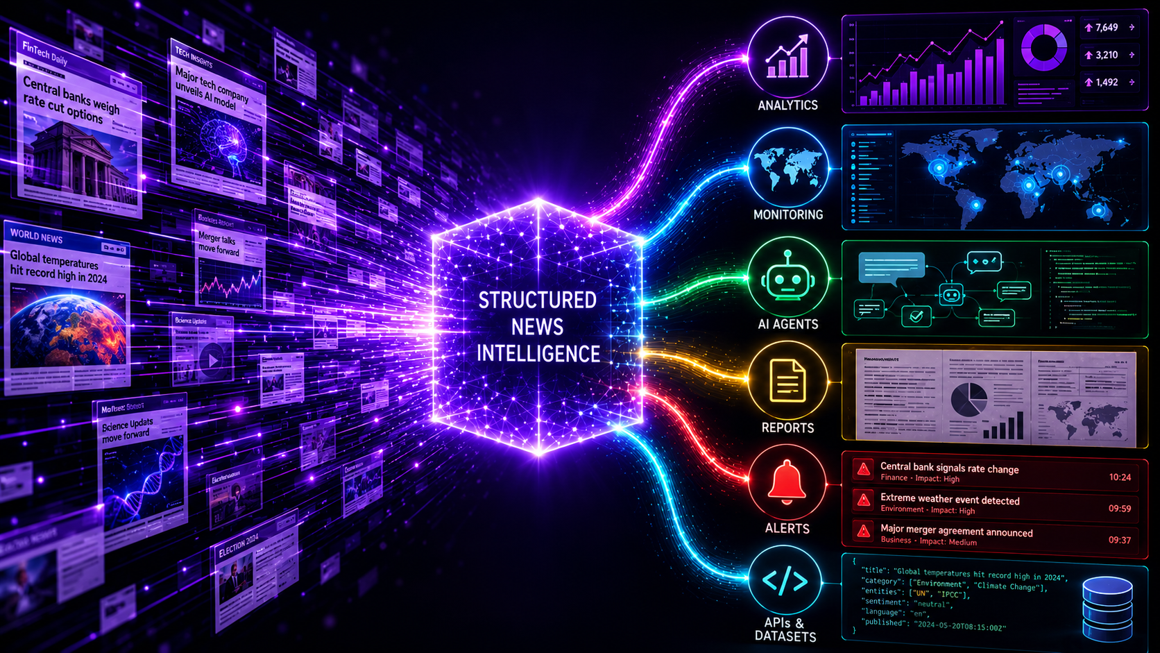 Structured news intelligence platform transforming categorized news into analytics, monitoring, AI agents, reports, alerts, and APIs.