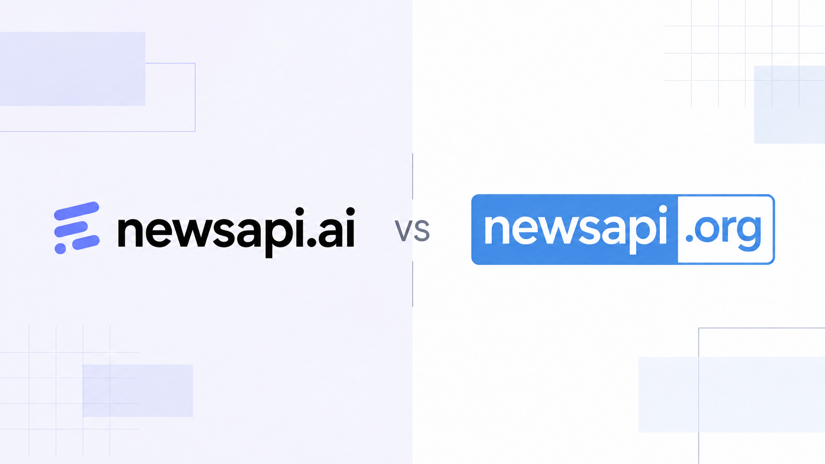 NewsAPI.ai and NewsAPI.org wordmarks displayed side by side with “VS” between them.